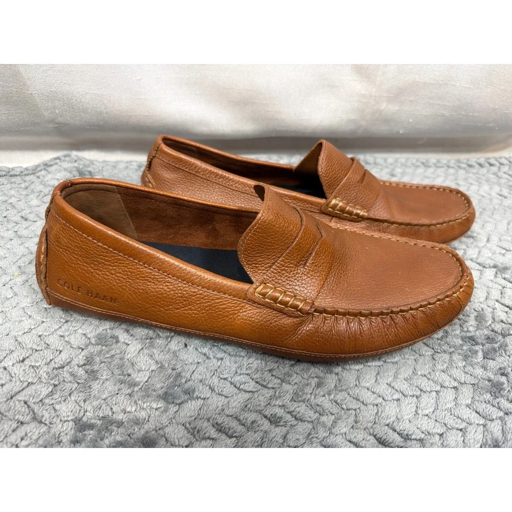 Cole Haan Gunnison Mens 9.5 M British Tan Pebbled Leather Driver Loafers C38480